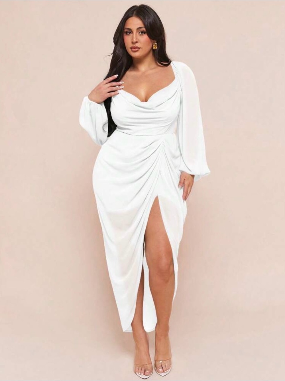 💋White Sheer Lined Draped Neck Ruched Asymmetrical Hem Slit Long Sleeve Size 0XL